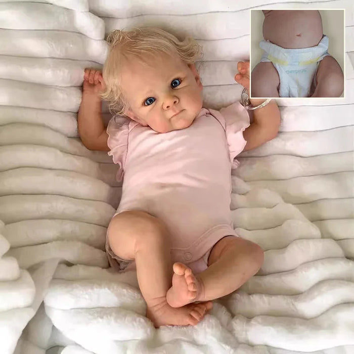 Bebê Reborn Alice 55cm, boneca realista com corpo macio, olhos vivos, cabelo fio a fio e acessórios. Perfeita para crianças 3+, traz magia e carinho às brincadeiras!