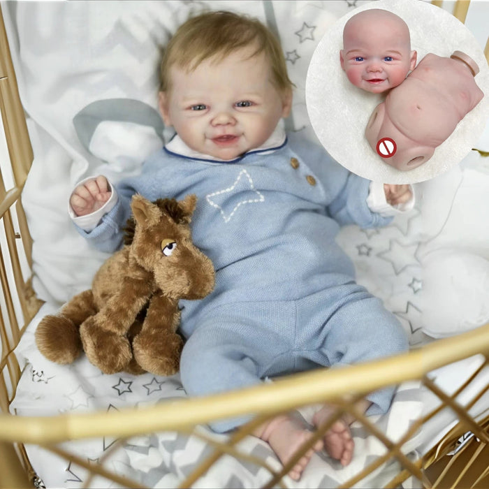 Bebê Reborn Bernardo 55cm, boneco realista de silicone com olhos vivos, cabelo fio a fio e acessórios. Perfeito para crianças 3+, traz magia e ternura às brincadeiras!