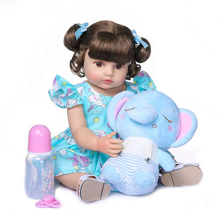 Bebê Reborn Helena 50cm, boneca realista de silicone macio com olhos vivos, roupa, chupeta e pelúcia. Perfeita para crianças 3+, estimula criatividade e carinho!