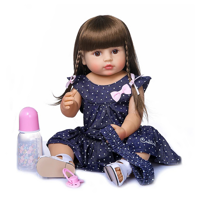 Bebê Reborn Helena 50cm, boneca realista de silicone macio com olhos vivos, roupa, chupeta e pelúcia. Perfeita para crianças 3+, estimula criatividade e carinho!