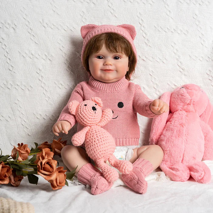Bebê Reborn Melissa 45cm, boneca realista de silicone com olhos vivos, cabelo enraizado e acessórios. Perfeita para crianças 3+, traz ternura e magia às brincadeiras!