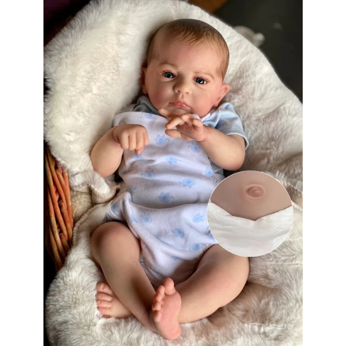 Bebê Reborn Miguel 50cm, boneco realista de silicone com pintura à mão, cabelo pintado e acessórios. Perfeito para crianças 3+, traz carinho às brincadeiras!