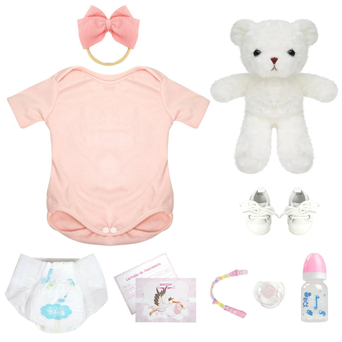 Bebê Reborn Sofia 50cm, boneca realista de silicone macio com olhos vivos, cabelo lavável e acessórios. Ideal para crianças 3+, traz emoção às brincadeiras!