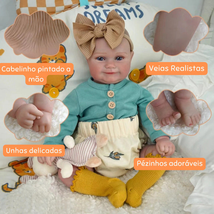 Bebê Reborn Tainá 48cm, boneca realista de silicone com olhos fixos, cabelo pintado e acessórios. Perfeita para crianças 3+, fomenta cuidado e imaginação!