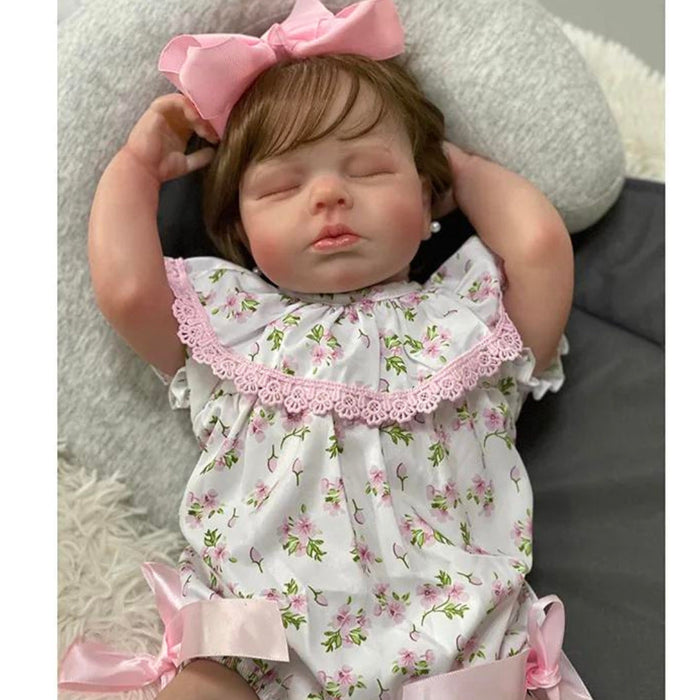 Bebê Reborn Mirella 48cm, boneca realista com corpo macio, olhos vivos, cabelo fio a fio e acessórios. Perfeita para crianças 3+, traz magia às brincadeiras!