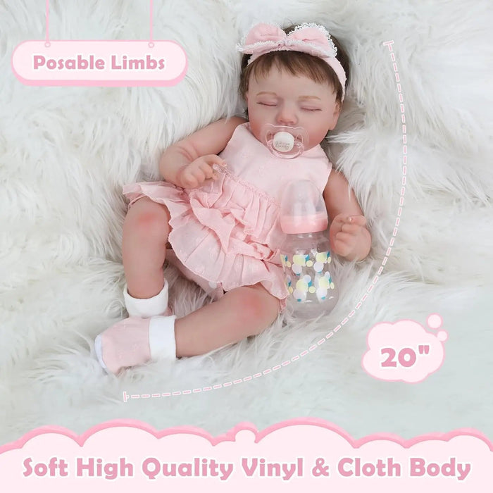 Bebê Reborn Rafaela 50cm, boneca realista com corpo macio, olhos vivos, cabelo enraizado e acessórios. Ideal para crianças 3+, estimula carinho e aprendizado!