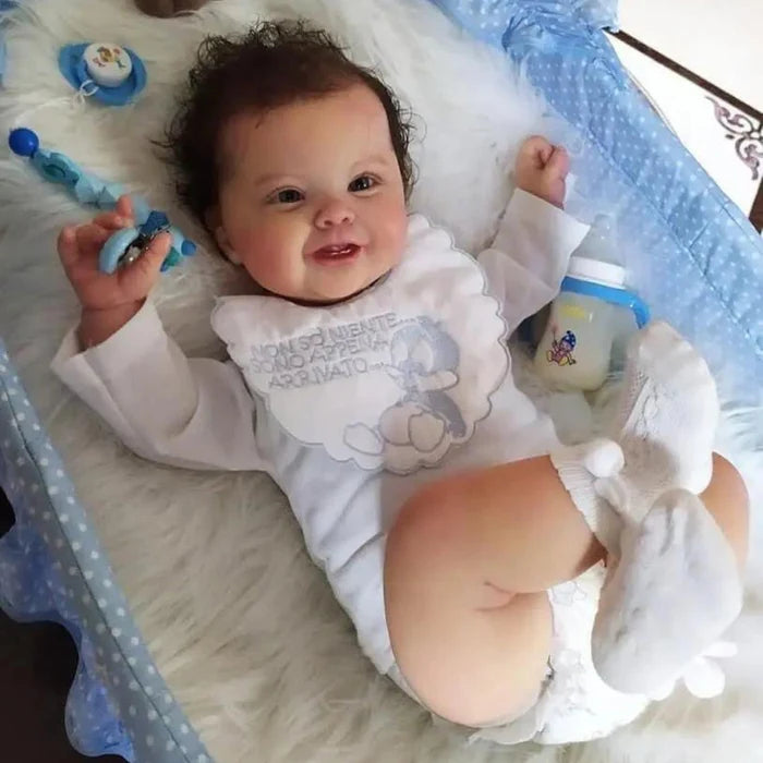 Bebê Reborn Talita 50cm, boneca realista com corpo macio, cabelo fio a fio e acessórios. Perfeita para crianças 3+, traz magia e ternura às brincadeiras!