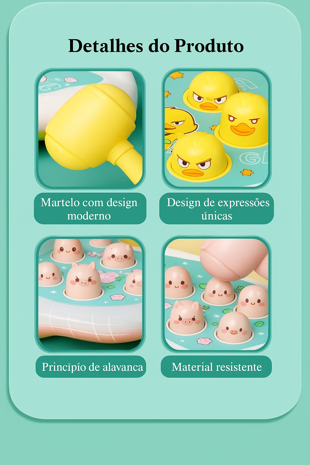 Brinquedo Montessori educacional interativo com martelo, cores vibrantes e peças seguras, ideal para bebês de 1 a 2 anos aprenderem brincando.