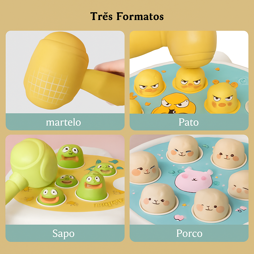 Brinquedo Montessori educacional interativo com martelo, cores vibrantes e peças seguras, ideal para bebês de 1 a 2 anos aprenderem brincando.