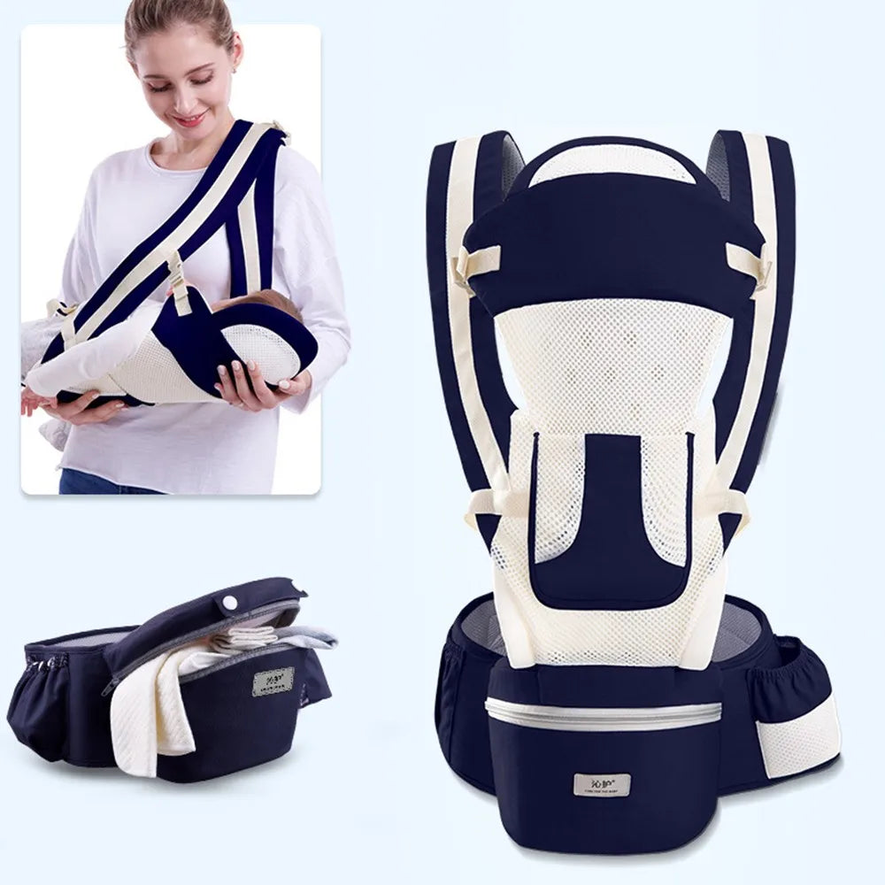 Canguru mochila ergonômica frontal para bebês com alças ajustáveis, tecido respirável e apoio correto para quadril e coluna.