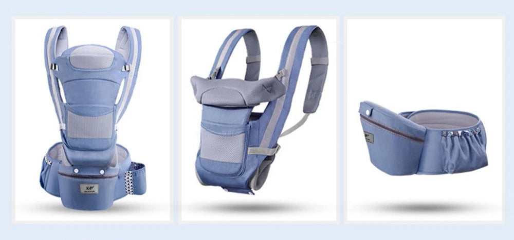 Canguru mochila ergonômica frontal para bebês com alças ajustáveis, tecido respirável e apoio correto para quadril e coluna.