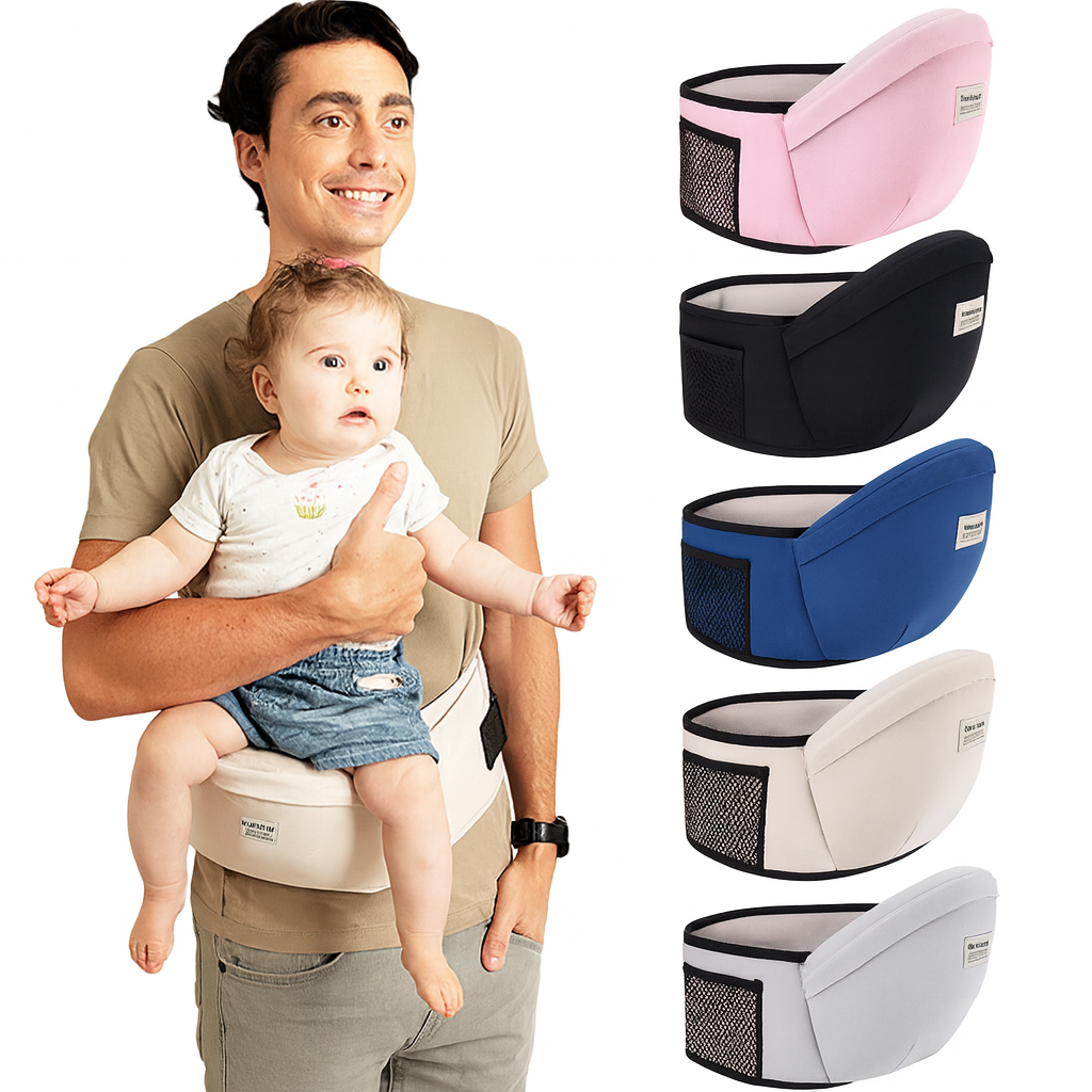 Canguru sling ergonômico com assento de quadril ajustável para bebês, ideal para passeios, viagens e conforto dos pais.