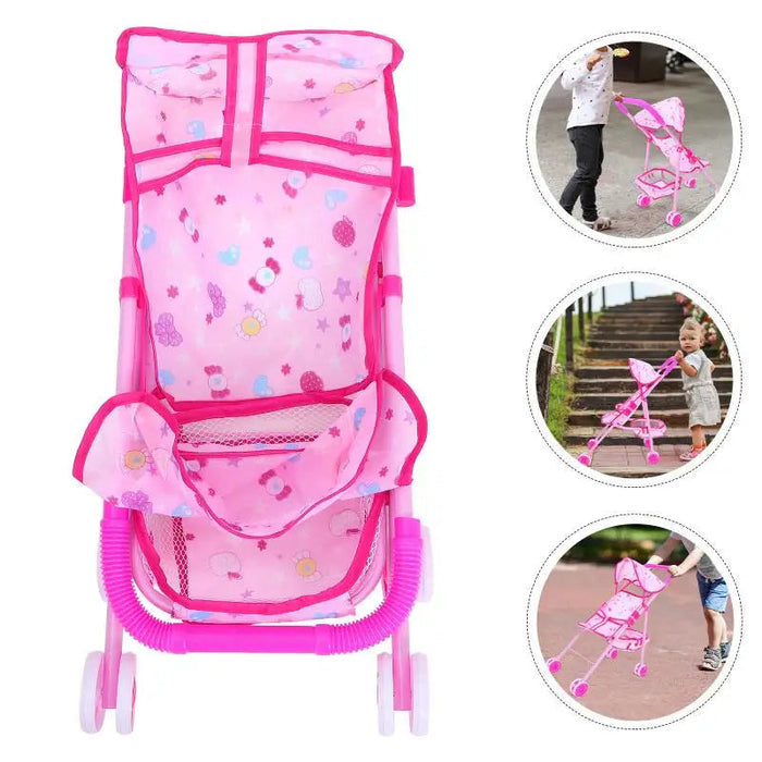 Carrinho de Bonecas Rosa com Cesta, em plástico e pano, 52cm, leve e dobrável. Para crianças 3+, com alça ergonômica, ideal para bonecas e acessórios, super charmoso!