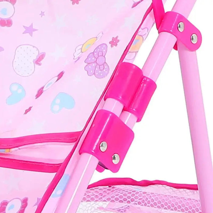 Carrinho de Bonecas Rosa com Cesta, em plástico e pano, 52cm, leve e dobrável. Para crianças 3+, com alça ergonômica, ideal para bonecas e acessórios, super charmoso!
