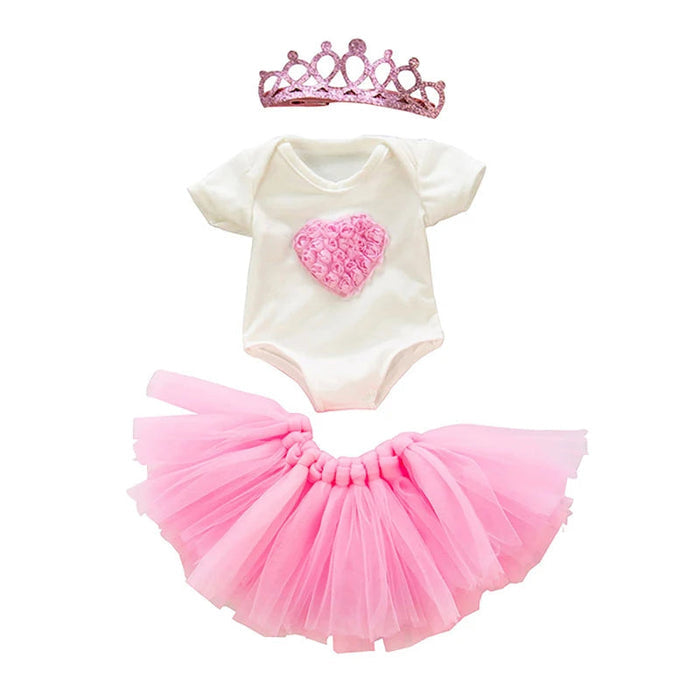 Conjunto Encantado de Roupas para Bebê Reborn 45cm, vestido de tule rosa e coroa brilhante. Tecido macio, para crianças 3+, perfeito para bonecas reborn e coleções!