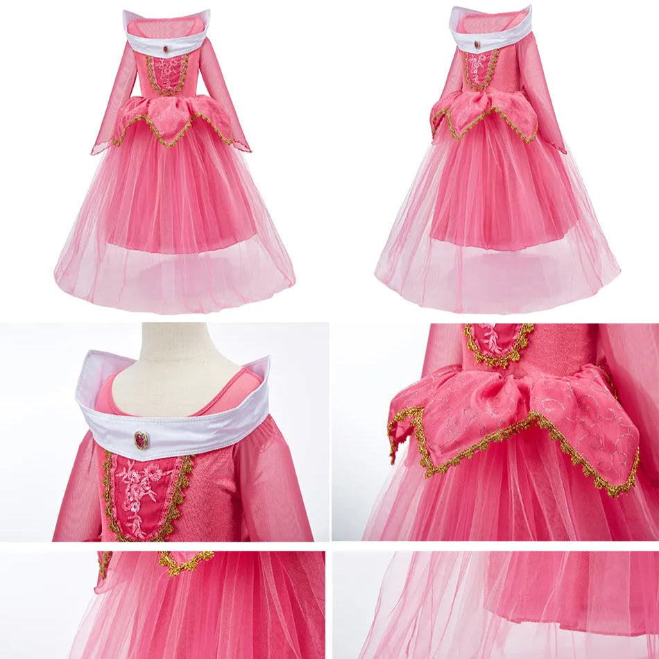 Fantasia Aurora Bela Adormecida com vestido, coroa, luva e varinha, em poliéster, algodão e voil. Perfeita para crianças, combina magia e conforto em aventuras!