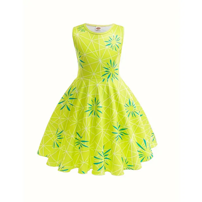 Fantasia Divertida Mente Alegria, em poliéster, com vestido e peruca. Perfeita para crianças, combina magia e conforto em brincadeiras encantadas!