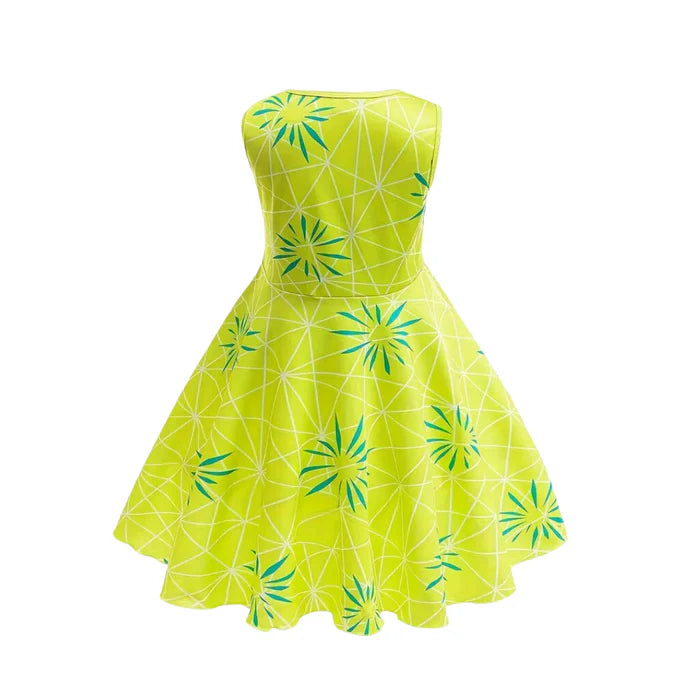Fantasia Divertida Mente Alegria, em poliéster, com vestido e peruca. Perfeita para crianças, combina magia e conforto em brincadeiras encantadas!