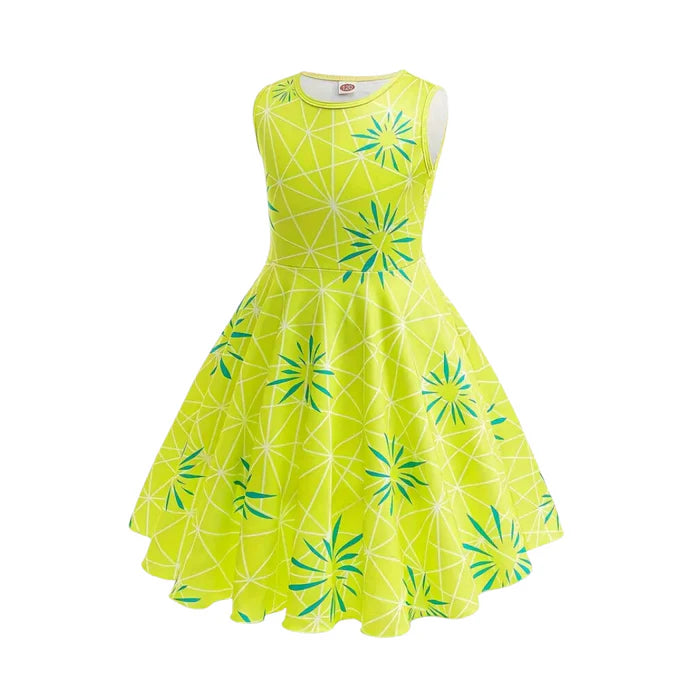 Fantasia Divertida Mente Alegria, em poliéster, com vestido e peruca. Perfeita para crianças, combina magia e conforto em brincadeiras encantadas!