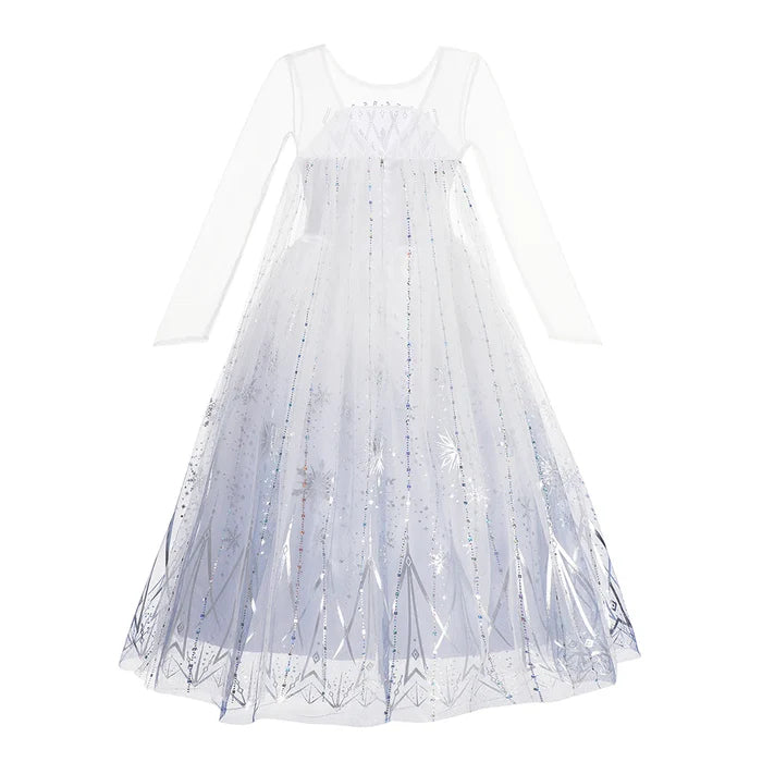 Fantasia Elsa com vestido e acessórios (coroa, varinha, cabelo, luva, joias), em cetim, algodão, poliéster e malha. Perfeita para crianças, combina magia e conforto!