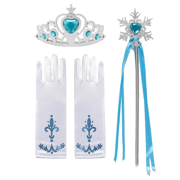 Fantasia Elsa com vestido e acessórios (coroa, varinha, cabelo, luva, joias), em cetim, algodão, poliéster e malha. Perfeita para crianças, combina magia e conforto!