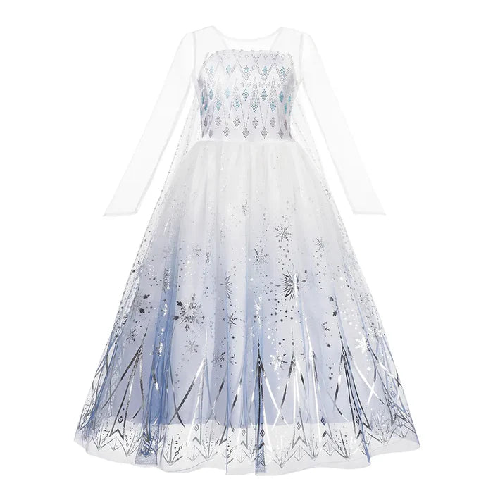 Fantasia Elsa com vestido e acessórios (coroa, varinha, cabelo, luva, joias), em cetim, algodão, poliéster e malha. Perfeita para crianças, combina magia e conforto!