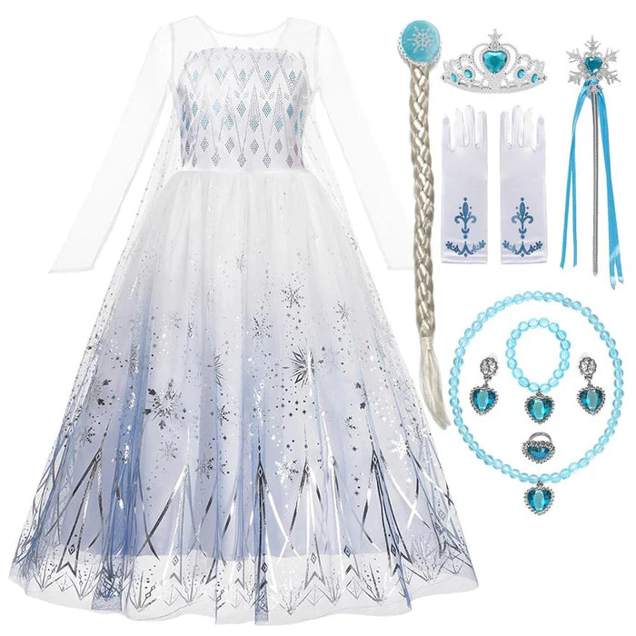 Fantasia Elsa com vestido e acessórios (coroa, varinha, cabelo, luva, joias), em cetim, algodão, poliéster e malha. Perfeita para crianças, combina magia e conforto!
