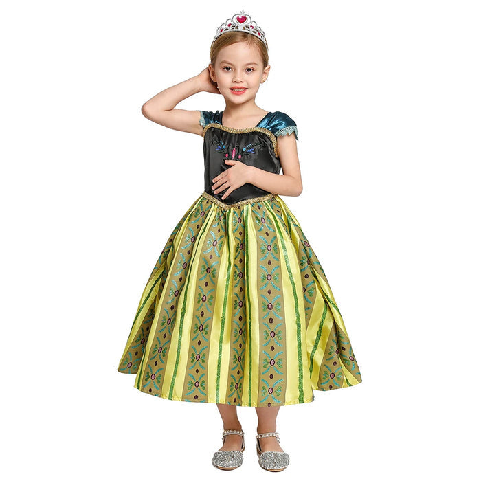 Fantasia Infantil Anna Frozen com vestido, coroa, varinha e peruca, em poliéster. Perfeita para crianças em festas e eventos, inspirada na princesa de Arendelle!
