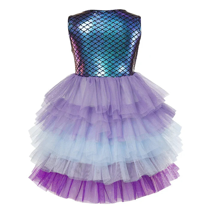 Fantasia Infantil Ariel Pequena Sereia com vestido em voil, malha e algodão. Perfeita para crianças em festas e eventos, com design mágico inspirado na princesa do mar!