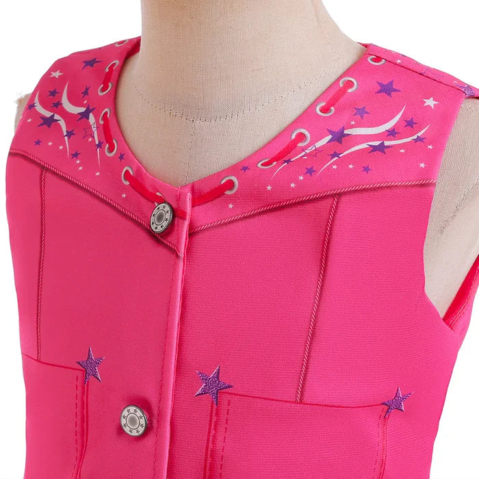 Fantasia Infantil Barbie com peruca, chapéu, óculos, lenço e bolsa, em poliéster e malha. Perfeita para crianças, combina glamour e conforto em aventuras mágicas!
