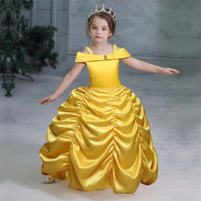 Fantasia Infantil Bela Contos de Fadas com vestido, coroa, varinha e luva, em poliéster e algodão. Perfeita para crianças, combina magia e conforto em brincadeiras!