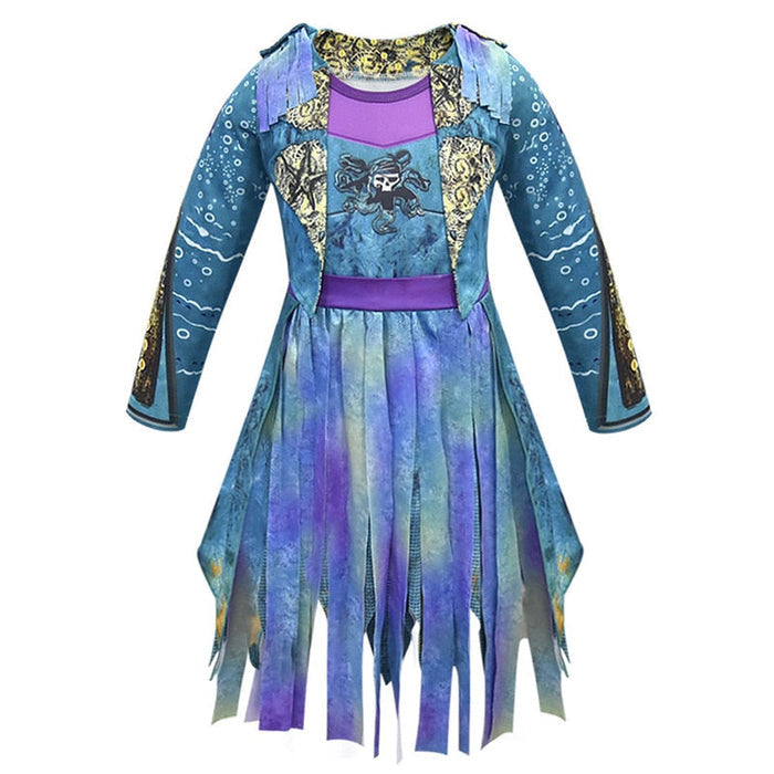 Fantasia Infantil Bertha Maleficent Descendentes 3 com vestido, chapéu e luva, em poliéster. Perfeita para crianças, combina magia e conforto em aventuras encantadas!