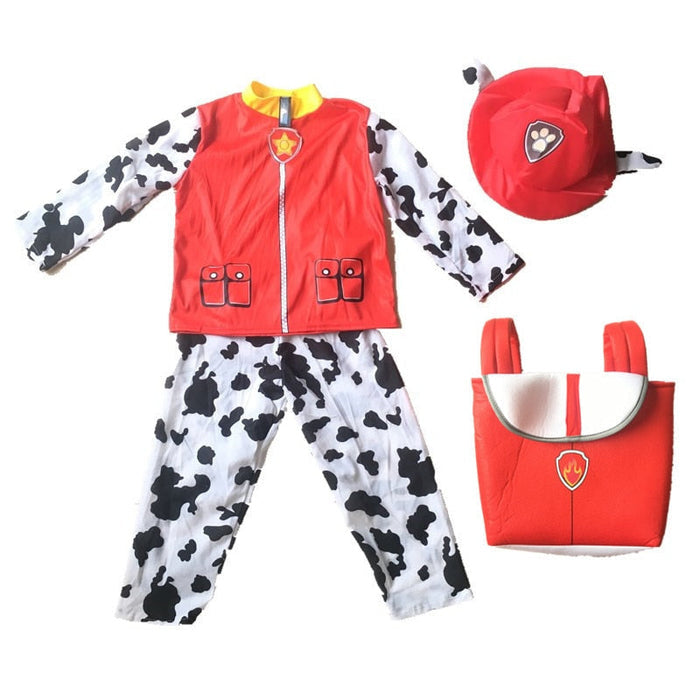 Fantasia Infantil Bombeiro Marshall Patrulha Canina com mochila, boné, blusa e calça, em poliéster. Perfeita para crianças em festas e brincadeiras com estilo canino!