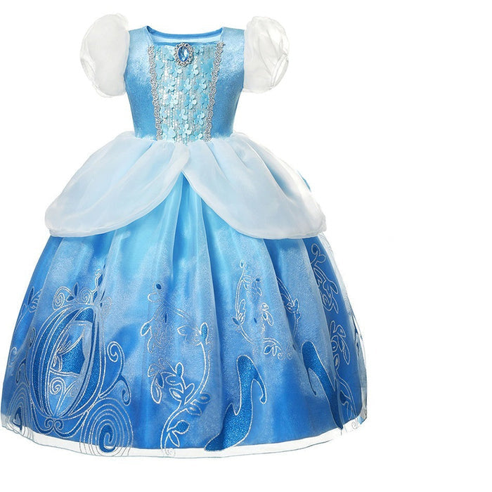 Fantasia Infantil Cinderela Azul com vestido em algodão e malha. Ideal para crianças, perfeita para festas e eventos, com design encantador de conto de fadas!