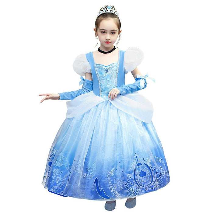 Fantasia Infantil Cinderela Azul com vestido em algodão e malha. Ideal para crianças, perfeita para festas e eventos, com design encantador de conto de fadas!