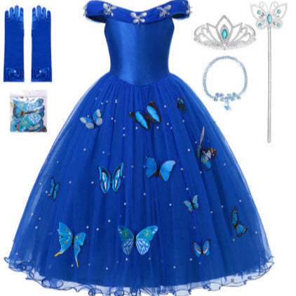 Fantasia Infantil Cinderela Baile Real com vestido, coroa, varinha, colar e luva, em algodão, tule, poliéster e elastano. Perfeita para crianças em aventuras mágicas!