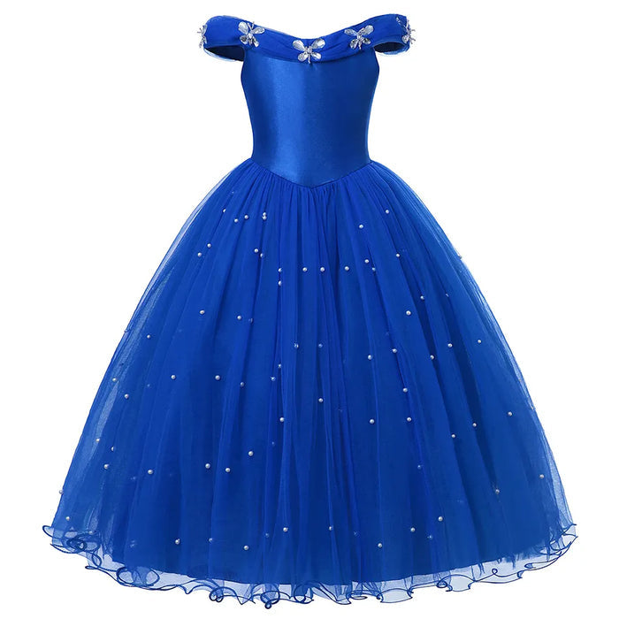 Fantasia Infantil Cinderela Baile Real com vestido, coroa, varinha, colar e luva, em algodão, tule, poliéster e elastano. Perfeita para crianças em aventuras mágicas!