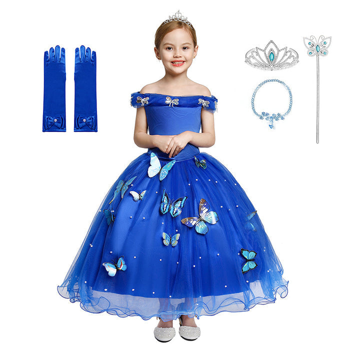 Fantasia Infantil Cinderela Baile Real com vestido, coroa, varinha, colar e luva, em algodão, tule, poliéster e elastano. Perfeita para crianças em aventuras mágicas!