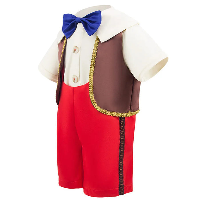 Fantasia Infantil Pinóquio com chapéu, macacão e luvas, em poliéster. Perfeita para crianças, combina aventuras mágicas e conforto, ideal para brincadeiras e festas!