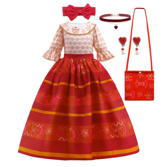 Fantasia Infantil Dolores Clássico Encanto com vestido, varinha, coroa e luva, em poliéster e viscose. Perfeita para crianças, combina magia e conforto em aventuras!