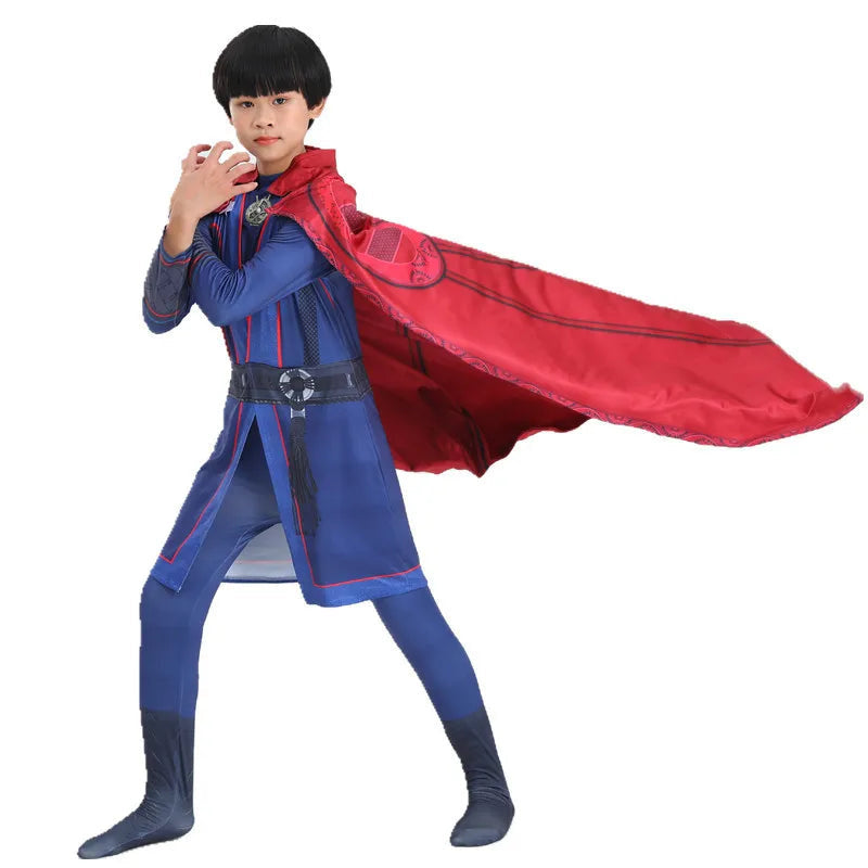 Fantasia Infantil Doutor Estranho em poliéster e elastano. Perfeita para crianças, ideal para festas e brincadeiras, com estilo mágico de super-herói confortável!