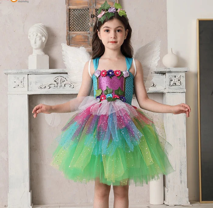 Fantasia Infantil Fada Arco Íris com vestido, acessório de cabelo e asa de borboleta, em elastano, tule, nylon e voile. Perfeita para crianças em aventuras encantadas!