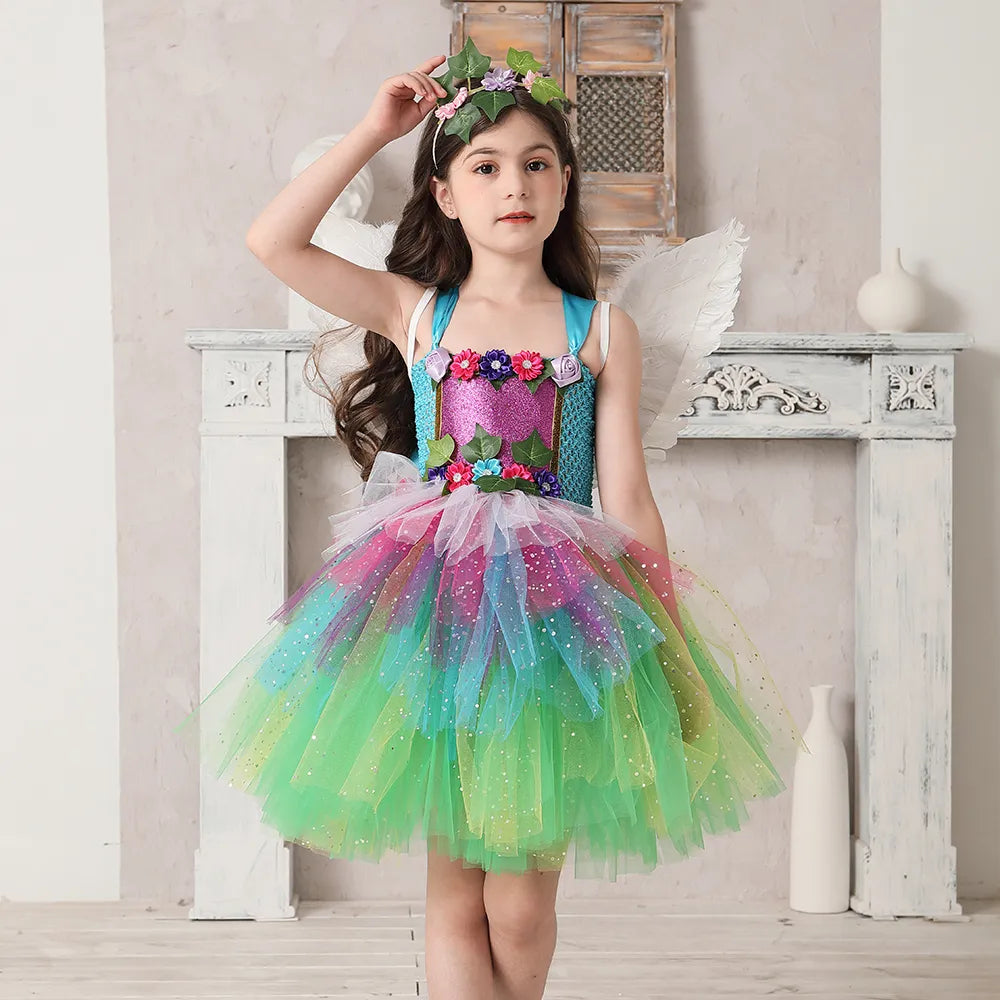Fantasia Infantil Fada Arco Íris com vestido, acessório de cabelo e asa de borboleta, em elastano, tule, nylon e voile. Perfeita para crianças em aventuras encantadas!