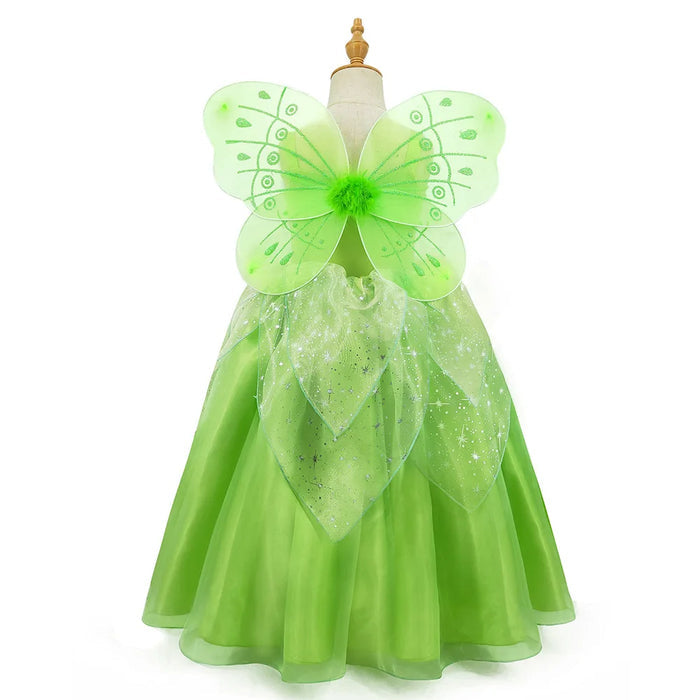 Fantasia Infantil Fada Tinker Bell com vestido, asa, luva, coroa, colar e brinco, em poliéster e viscose. Perfeita para crianças, combina magia e conforto em aventuras!