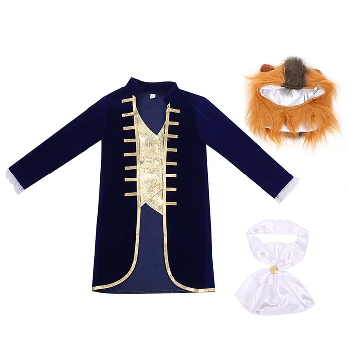 Fantasia Infantil Fera de A Bela e a Fera com casaco, colete, máscara e lenço, em poliéster. Perfeita para crianças em festas e brincadeiras com estilo mágico!