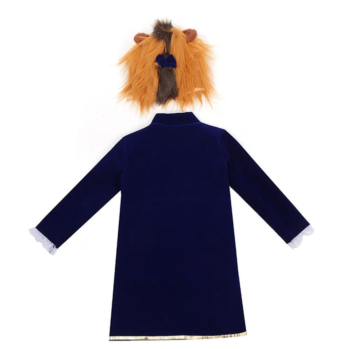 Fantasia Infantil Fera de A Bela e a Fera com casaco, colete, máscara e lenço, em poliéster. Perfeita para crianças em festas e brincadeiras com estilo mágico!