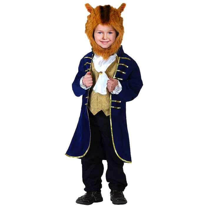 Fantasia Infantil Fera de A Bela e a Fera com casaco, colete, máscara e lenço, em poliéster. Perfeita para crianças em festas e brincadeiras com estilo mágico!