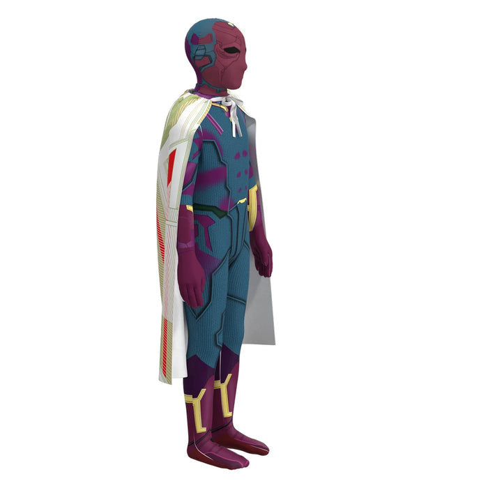 Fantasia Infantil Herói Visão Vingadores com macacão, capa e máscara, em poliéster e spandex. Perfeita para crianças em festas, com estilo de super-herói confortável!