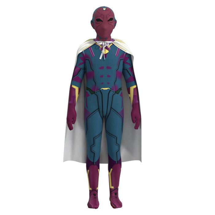 Fantasia Infantil Herói Visão Vingadores com macacão, capa e máscara, em poliéster e spandex. Perfeita para crianças em festas, com estilo de super-herói confortável!