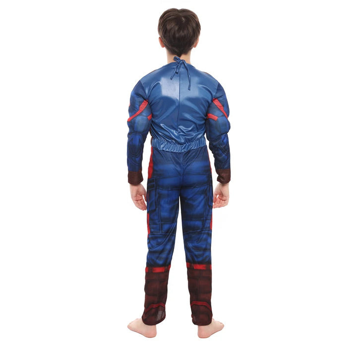 Fantasia Infantil Capitão América com máscara e roupa, em poliéster. Perfeita para crianças, ideal para brincadeiras mágicas, combina estilo e qualidade! (Escudo não incluso)